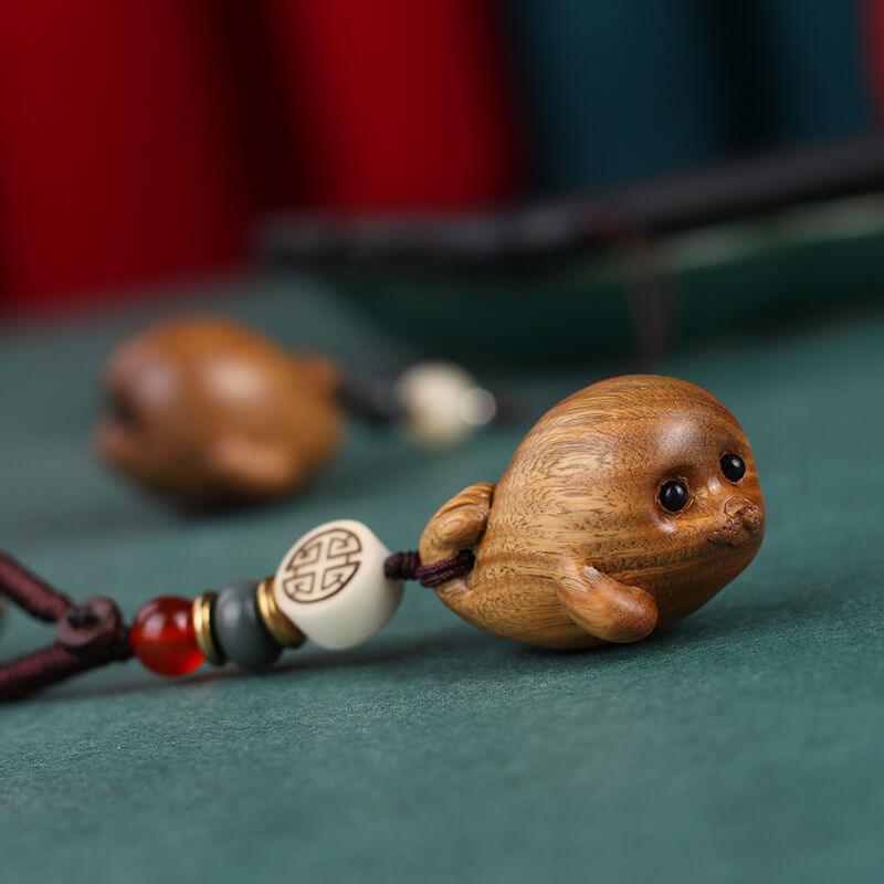 Handmade Green Sandalwood Seal Keychain, Carved Wood Bag Charm - AOSKID